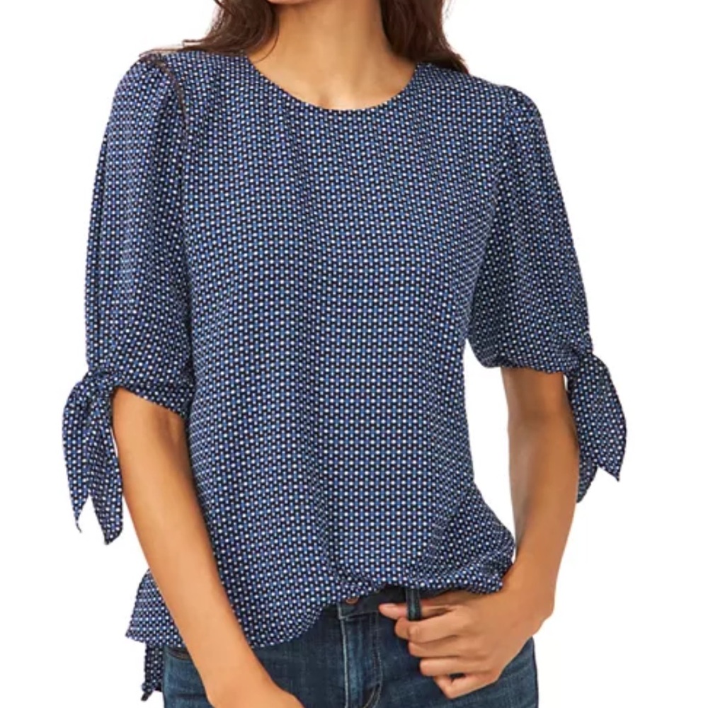 Cece Women’s Printed Tie 3/4 Sleeve Blue Top Small
